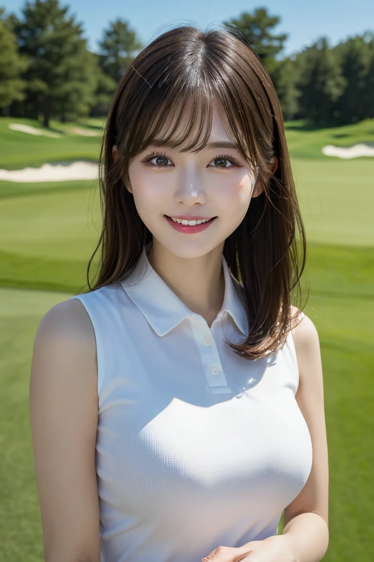 Golf course grass, Highest quality, shape, Very detailed, In detail, High resolution, 8k wallpaper, Perfect dynamic composition, Beautiful details,  Natural Lip, Golf Wear, Big Breasts, She is smiling in a cute pose.., A masterpiece of the whole body, Side Short