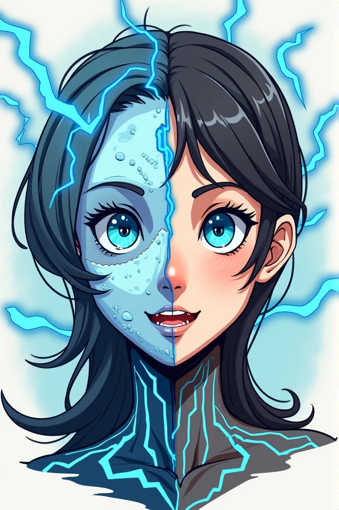 half half face the other half is normal the other half is electric face cause of electricity
but easy cartoon style easy to draw
