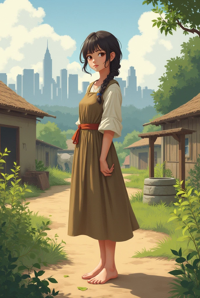 Village girl wearing country outfit she is barefoot and there is a city also barefoot
