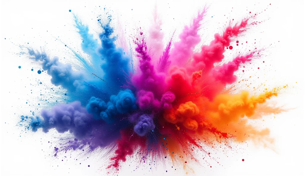 Highly detailed and incredibly realistic digital paintings capture moments of vibrant color explosions.. This scene features a dynamic burst of powdered pigment., each color represents a different hue of the rainbow, blend in but still maintain its uniqueness. The explosion radiated outwards, with colors like electric blue, magenta yours, bright orange, and deep purple that creates a stunning and chaotic cloud. The pigment appears weightless, Floating in the air, with fine particles visible when scattered. The background is very contrasting, pure white, emphasizing the brilliance and energy of the color. This picture evokes the effect of motion, as if the viewer can feel the movement and texture of the powder. The overall composition is a celebration of color, with a focus on the interaction of light and shadow that brings depth and dimension to the image., making it seem like the explosion is happening in real time, right in front of the viewer&#39;s eyes.