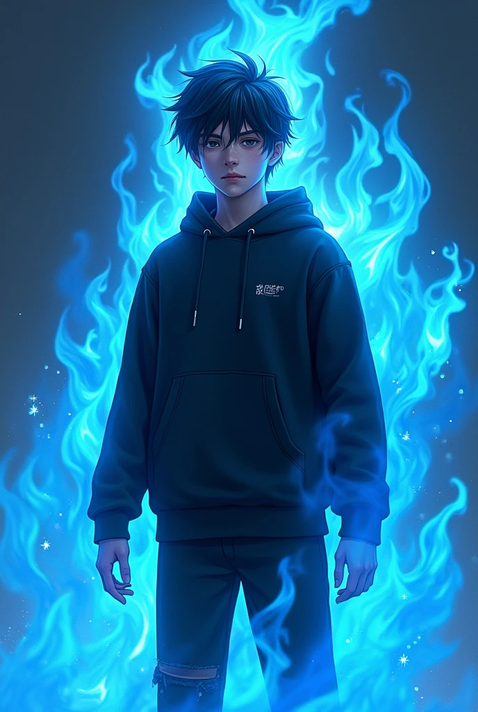 boy phoenix,
Wearing a black sweatshirt, surrounded by blue fire