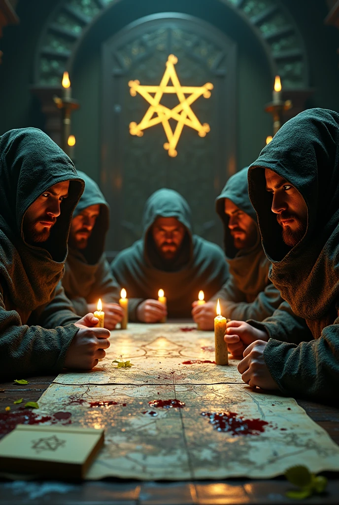 Close-up shot, Low angle shot, a candlelit room where five man sitting, their faces serious and determined, visible full face look at the viewer, wearing culthu robe with hood and covered by dry moss, the table covered with maps and splaterd blood, books, and a glowing mysterious symbol. in the background representing the emerlad tablet. The contrast between the calculated plotting and creates a sense of tension and mystery, leaving the viewer questioning the true nature of the Illuminati.) unreal engine, cinematic, hyper-real, highly detailed, Ultra realistic HD --q 2 --v 6.1 --ar 9:16