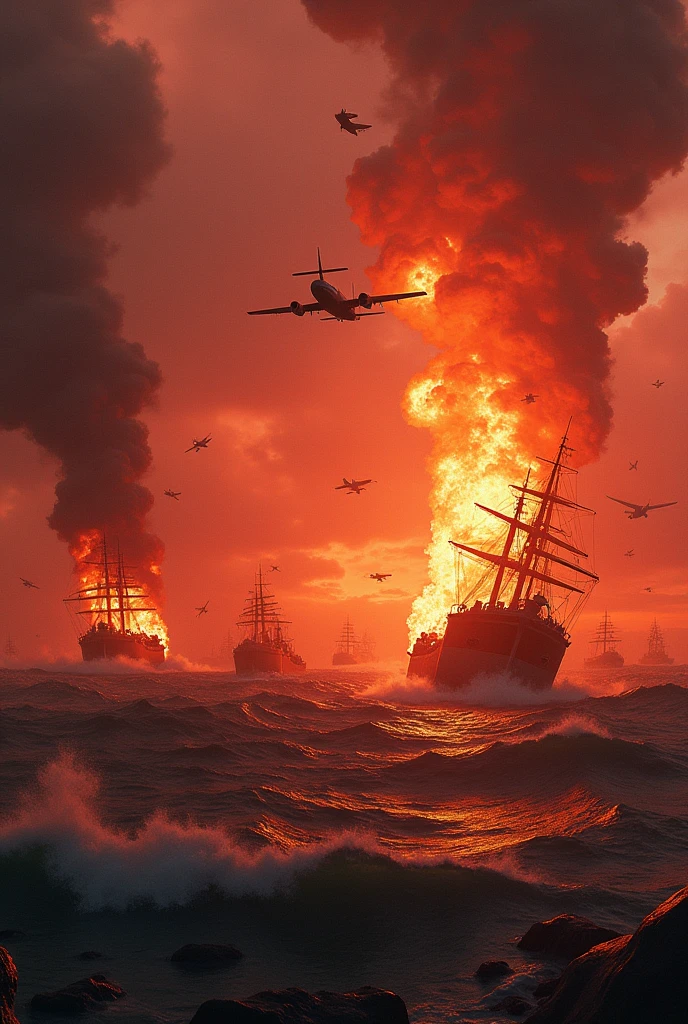 Planes falling from the sky in lkamas ,burning ships sinking in the sea,all in red