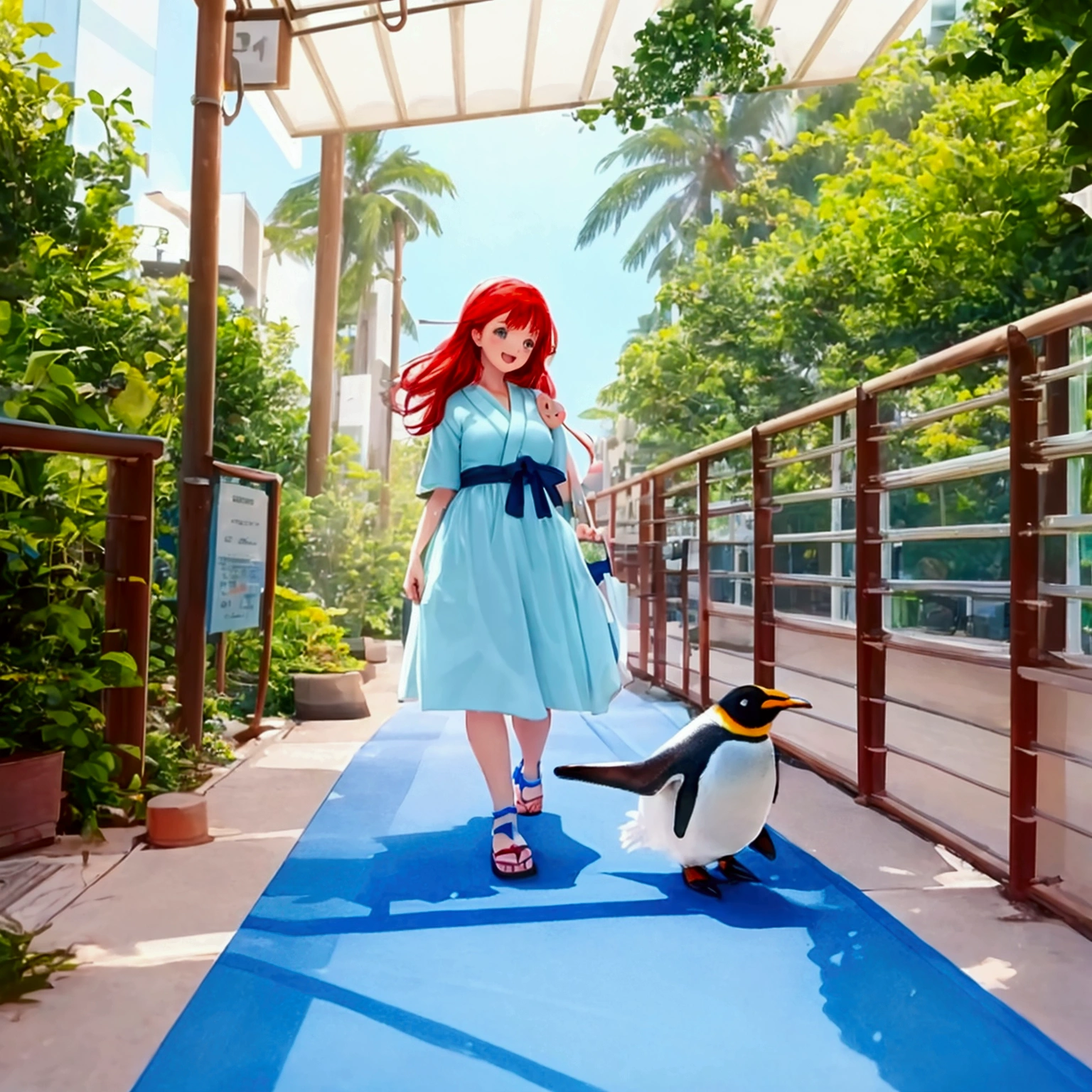 1 1 girl, Walking with penguins at the aquarium, cute 20-year-old girl, medium-length red hair, Light Blue sun dress, sandals, looking like she's having fun, cute scenery,high resolution,best quality, The best quality skin Japanese anime