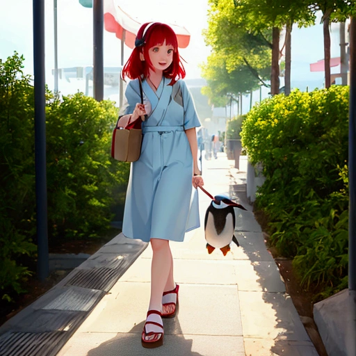 1 1 girl, Walking with penguins at the aquarium, cute 20-year-old girl, medium-length red hair, Light Blue sun dress, sandals, looking like she's having fun, cute scenery,high resolution,best quality, The best quality skin Japanese anime