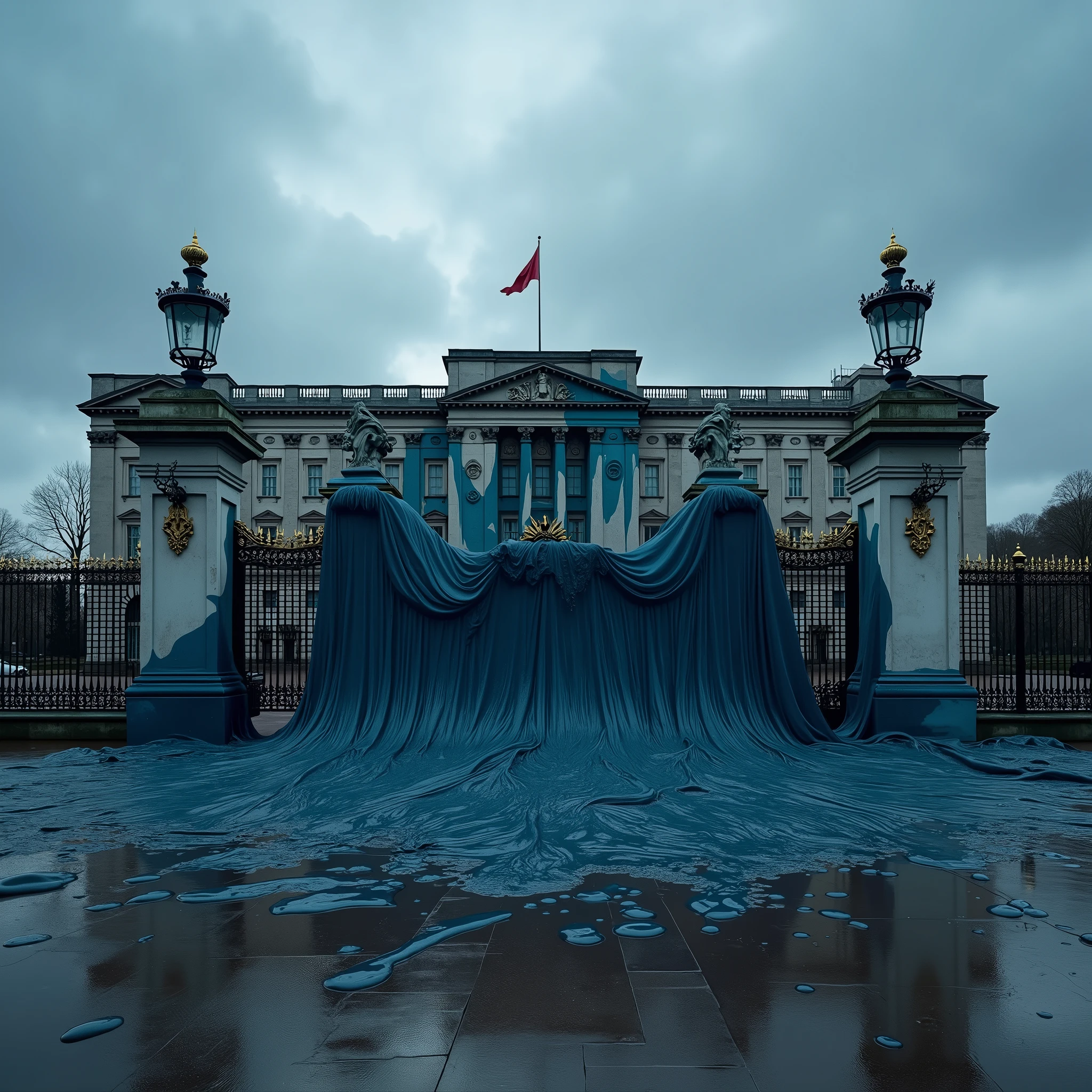 A photorealistic image depicts Buckingham Palace partially engulfed by a dark blue, gelatinous blob. The substance is thick and smooth, with a deep navy color that almost blends with the dim, overcast sky. This mysterious mass has an eerie, glossy surface that reflects the sparse light, giving it a slightly wet, menacing appearance as it oozes over the palace's ornate facade.
The blob has already covered a significant portion of the lower structure, wrapping around the pillars and slowly creeping up the walls. The iconic gates of Buckingham Palace are partially submerged in the slime, their intricate ironwork barely visible beneath the dark, viscous substance. The surrounding area is eerily quiet, as if the presence of the blob has stilled everything around it.
The sky is overcast with heavy, dark clouds that cast a cold, gray light over the scene. The usual hustle and bustle of London is absent, replaced by an unsettling silence, broken only by the occasional drip of the slime as it spreads further. The palace, usually a symbol of tradition and stability, now appears small and fragile against the encroaching, unnatural mass.
The ground around the palace is slick with the same dark blue slime, creating an almost reflective surface that mirrors the gloomy sky above. The air is heavy and still, amplifying the sense of dread and unease. The overall atmosphere is oppressive and surreal, as if the scene captures the moment before something truly catastrophic occurs, with Buckingham Palace slowly being consumed by this mysterious, dark blue entity.