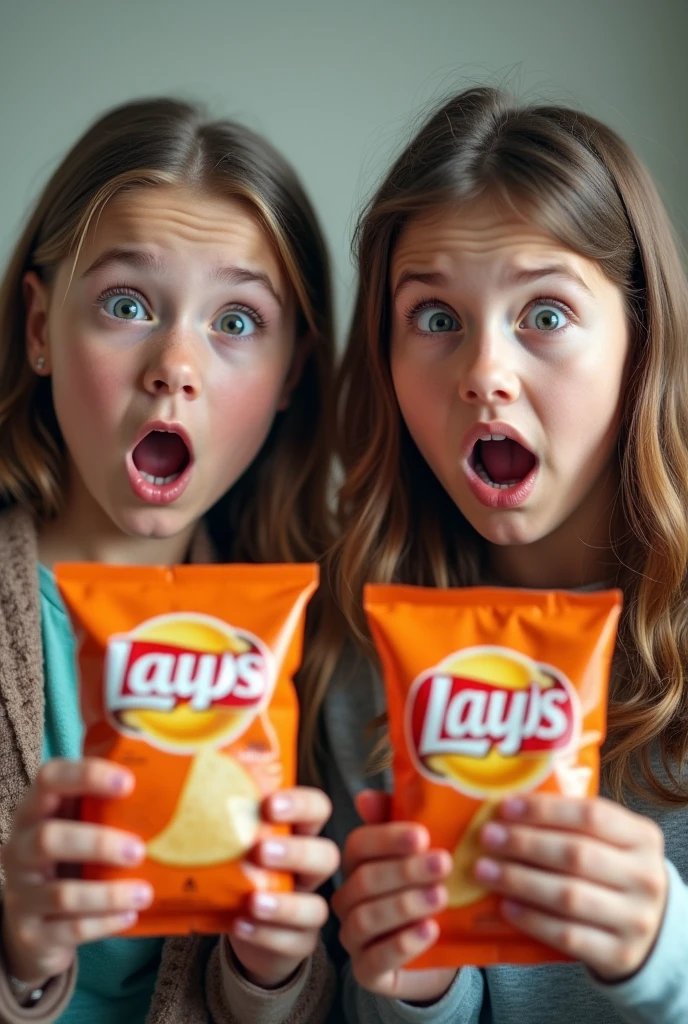 Create a realistic photograph of a 2 girl with an open mouth and a shocked expression. She should be holding a packet of chips in each hand, clearly displaying the packaging. Her facial expression should convey genuine surprise, with wide eyes and raised eyebrows. The background must be neutral to keep the focus on her and the chips packets.