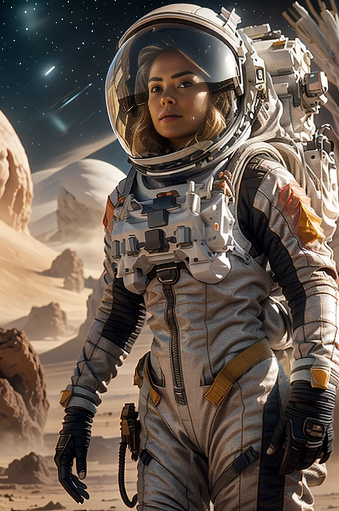 Masterpiece, a beautiful 2 european blonde woman, solitary female astronaut, desolated planet landscape, space and stars, electric atmosphere, utility belt, Metallic Gray Zinc, sci-fi, ultra high res.photorealistic, 16k, UHD, HDR, the best quality, body-tight astronaut suit, intricate, the most fantastic details, RAW, dramatic lighting, full body, space ships in the sky, realistic reflections, sunrise, to scale, lonely, determined, dynamic posture, a space military compound in the background