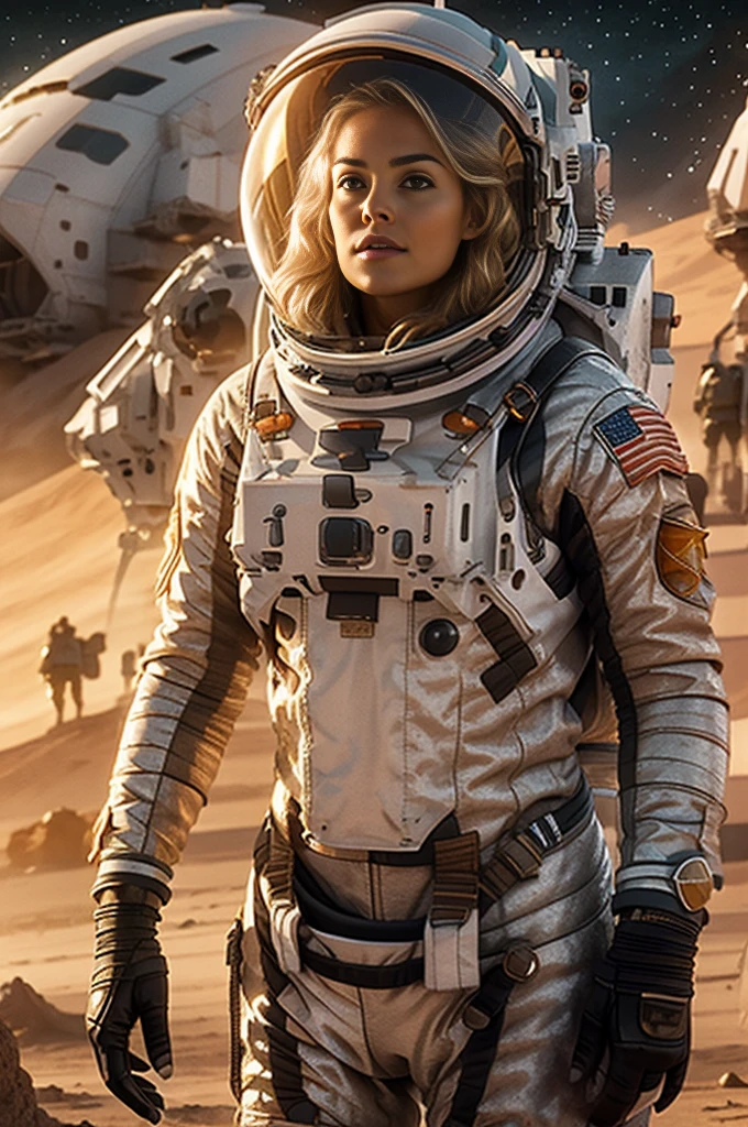 Masterpiece, a beautiful 2 european blonde woman, solitary female astronaut, desolated planet landscape, space and stars, electric atmosphere, utility belt, Metallic Gray Zinc, sci-fi, ultra high res.photorealistic, 16k, UHD, HDR, the best quality, body-tight astronaut suit, intricate, the most fantastic details, RAW, dramatic lighting, full body, space ships in the sky, realistic reflections, sunrise, to scale, lonely, determined, dynamic posture, a space military compound in the background