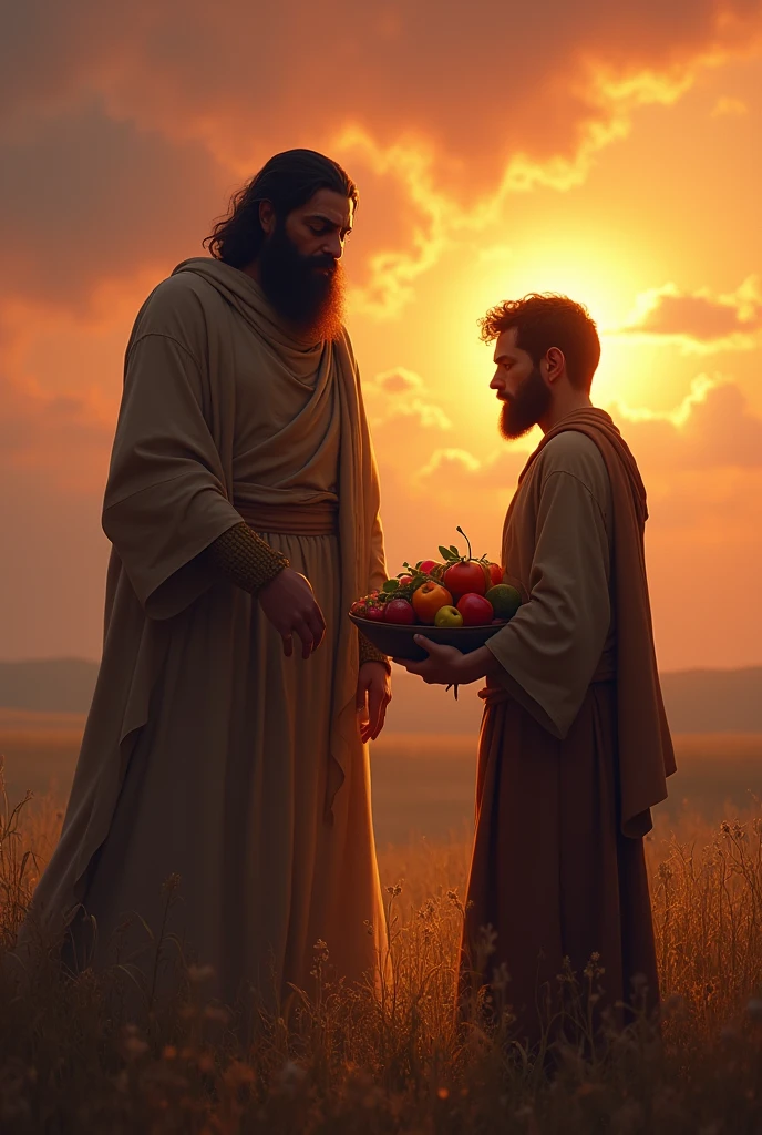 God turns his back on Cain. Cain offers the best fruits of the field and trees, colorful and very beautiful fruits. ao por do sol.