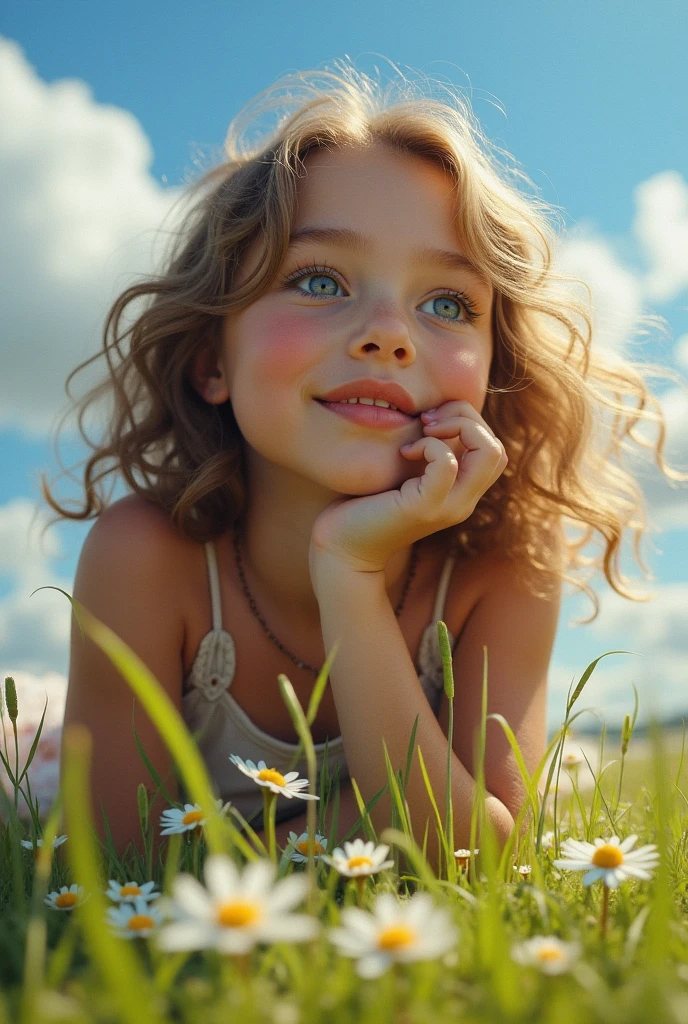 # Prompt 3: The dreamlike girl on the grass creates a surreal picture, Depicted in superb detail, this lovely girl lies on the grass under a blue sky and white clouds.
She should have softness, Radiant skin,Smart and expressive eyes, Fluffy curls frame her face.
Surround her with wild flowers and tall grass,Swaying gently in the breeze.
Capturing the dappled light cast by the sun on her skin, Radiating tranquility and natural beauty.