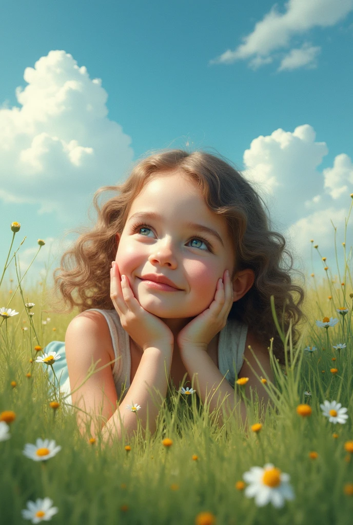 # Prompt 3: The dreamlike girl on the grass creates a surreal picture, Depicted in superb detail, this lovely girl lies on the grass under a blue sky and white clouds. 
She should have softness, Radiant skin，Smart and expressive eyes, Fluffy curls frame her face. 
Surround her with wild flowers and tall grass，Swaying gently in the breeze. 
Capturing the dappled light cast by the sun on her skin, Radiating tranquility and natural beauty.