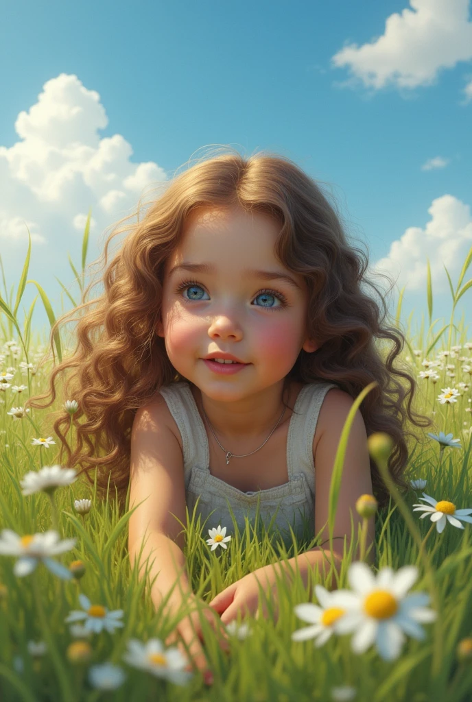 # Prompt 3: The dreamlike girl on the grass creates a surreal picture, Depicted in superb detail, this lovely girl lies on the grass under a blue sky and white clouds. 
She should have softness, Radiant skin，Smart and expressive eyes, Fluffy curls frame her face. 
Surround her with wild flowers and tall grass，Swaying gently in the breeze. 
Capturing the dappled light cast by the sun on her skin, Radiating tranquility and natural beauty.