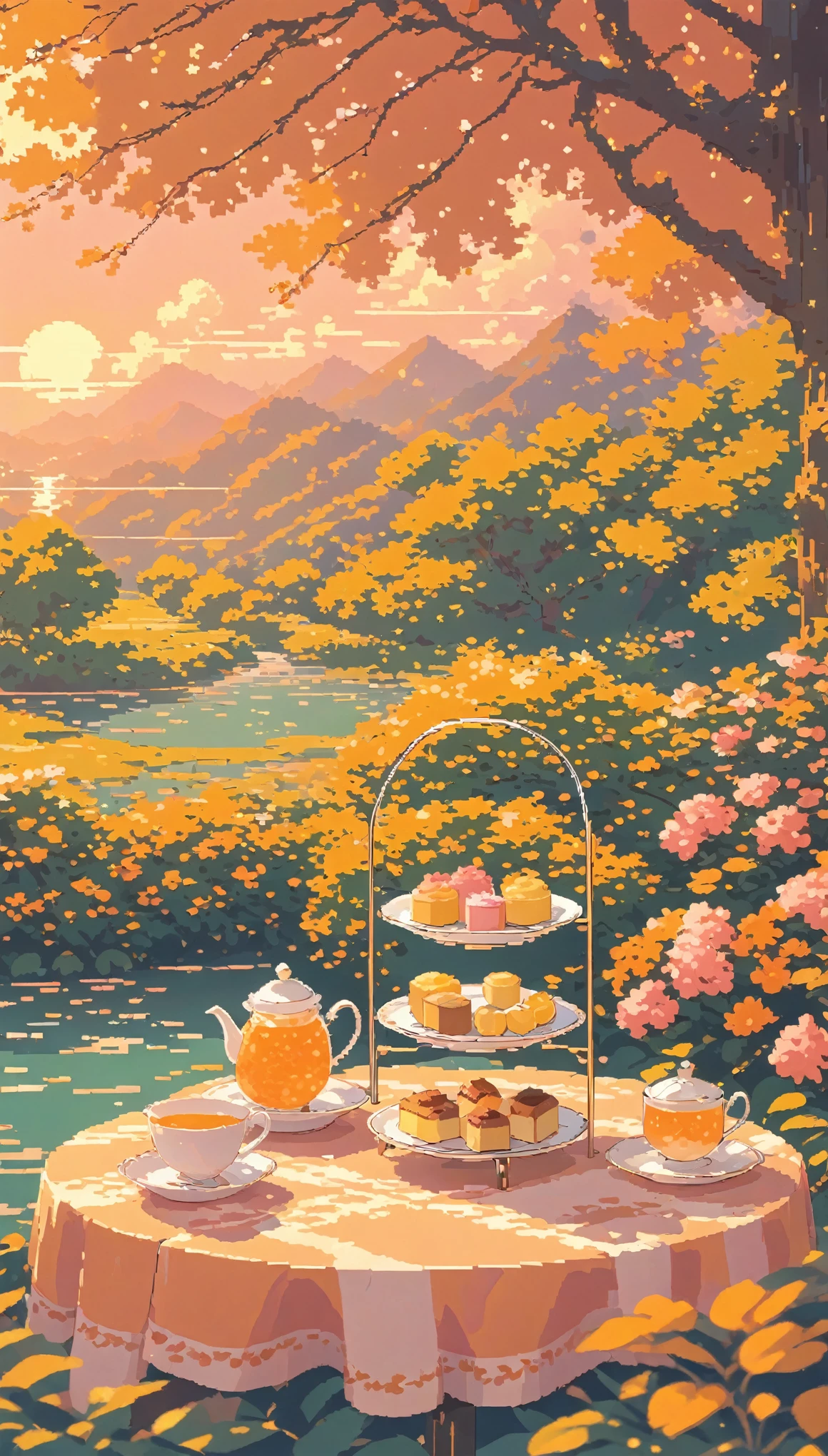 Lo-fi pixel landscape, No people ,warm and comfortable,Pink orange,Afternoon Tea