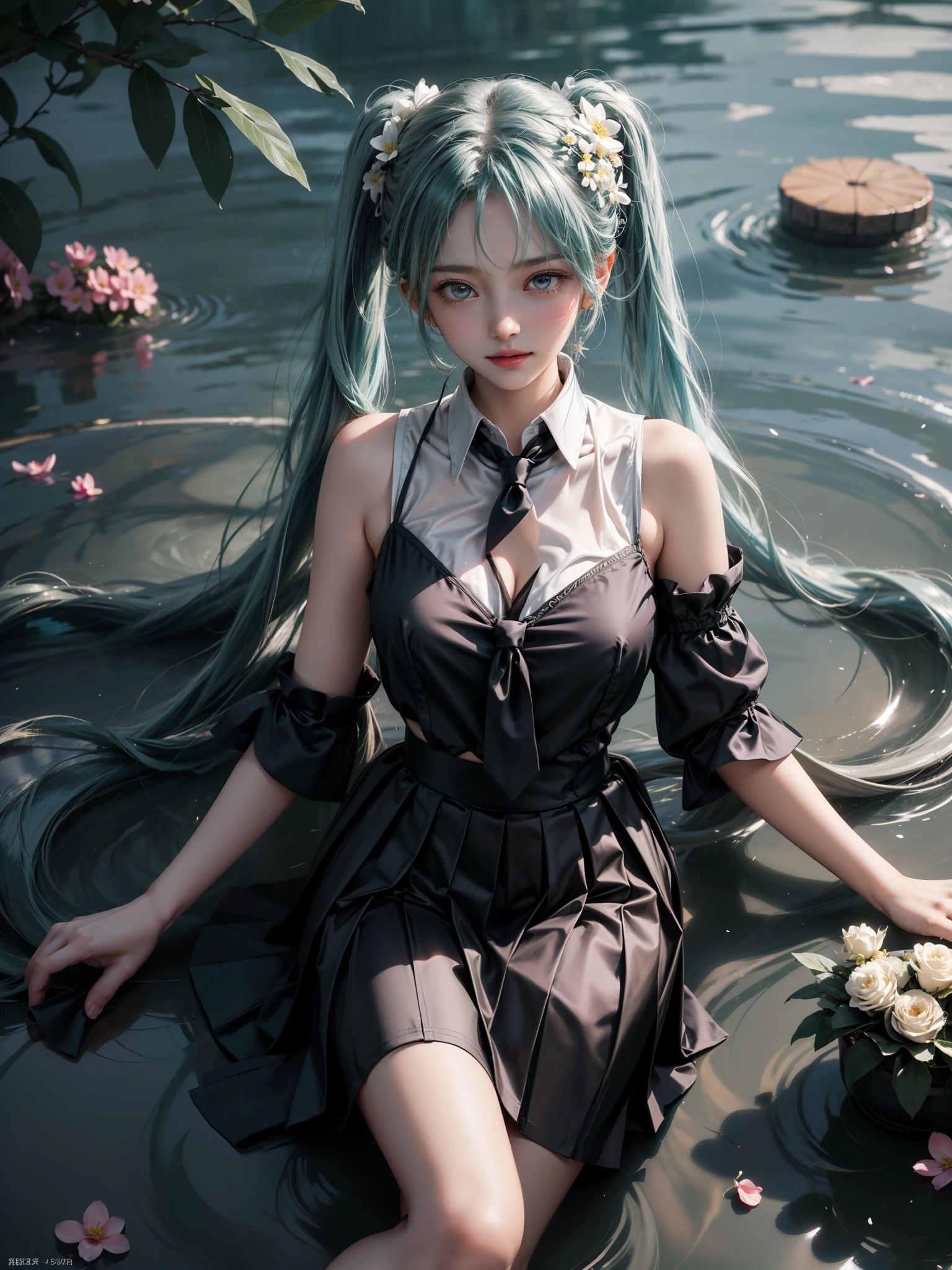miku hatsune, ahoge, aqua eyes, aqua hair, crossed bangs, hair between eyes, hair ornament, headphones, long hair, twintails,
aqua neck tie, black footwear, black skirt, black sleeves, boots, collared shirt, detached sleeves, grey shirt, necktie, pleated skirt, shirt, skirt, sleeveless, sleeveless shirt, thigh boots, tie clip,((Girl lying in the pool))、She gently lifted her skirt with one hand,Make gentle and playful gestures,((Lots of flowers瓣)), Lots of flowers,Lots of scattered petals,Cherry tree,Petals are flying all over the sky,A beautiful and charming woman, Elegantly, Her plump breasts are on display.,Visible cleavage,Sexy long legs,Various slim and lovely beauties, Her long hair cascades down like a waterfall。She smiled brightly,Eyes sparkling,Her skin is flawless。Her curves are highlighted。Shine in the light,The color is pastel,She lay confidently,One hand on hip,Her posture is both graceful and strong.。She wore elegant high heels,It matches her outfit very well。In the warm golden sun。The overall mood of the picture is tranquil and uplifting,Emphasis on natural beauty and elegance, Studio Lighting,Vibrant colors, Cute girl, sweet smile, cosmetic,Shy,blush,Open your mouth,Heavy breathing,moan,超realism,realism,Movie Lighting,comfort,Sony FE GM,Retina,masterpiece,precise,Anatomically correct,Textured Skin,Super Detail,High Detail,best quality,Colorful