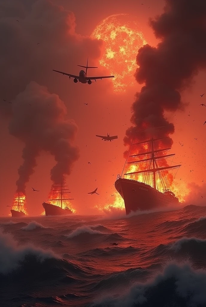 Planes falling from the sky in lkamas ,burning ships sinking in the sea,all in red