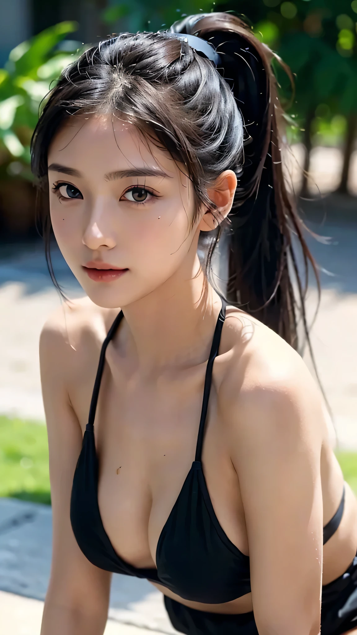 body shot,micro bikini,outdoor,beach,Body in front,masutepiece, The highest image quality, High quality, the background is clear,Beautiful woman, Japanese, Detailed, Ultra-detailed, finely detail, hight resolution, 8K Wallpaper, Perfect dynamic composition, Beautiful detailed eyes ,Detailed eyes, Detailed skin, Beautiful skin, 超hight resolution, (reality: 1.4),Very beautiful woman, Slightly younger face, Beautiful skin, slender, (Ultra photo realsisim), (hight resolution), (8K), (Very detailed) (beautifully detailed eyes), (super detailed), (Detailed face), view the viewer, Fine details, Detailed face, Staring straight ahead, Staring straight ahead, photos realistic, Bright lighting, Professional Lighting, Black hair,poneyTail,a baby face,sixteen years old,Hairstyle: ponytail,Long ponytail hairstyle,slight smile,