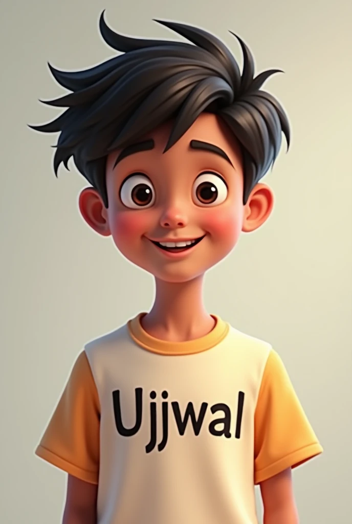 A boy wear a tshirt with name ujjwal