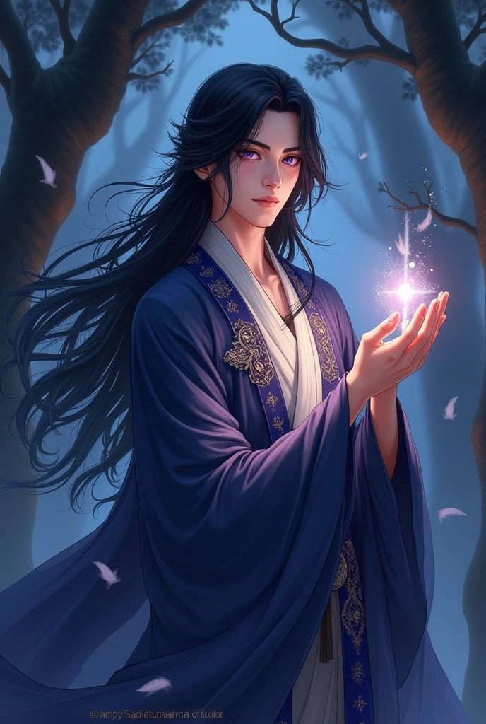 A highly detailed and ethereal illustration of a young, elegant man with long, flowing black hair that cascades down to his waist. His eyes are a striking shade of purple, filled with a mysterious and captivating glow. He is wearing traditional, ornate, and flowing robes in shades of deep blue and silver with intricate patterns. His expression is calm and enigmatic, as he delicately holds a small glowing object in his hand. The background is a mystical night scene with dark trees and swirling winds, adding a sense of quiet magic. The lighting is soft, with subtle highlights that give his hair a silky sheen and make his purple eyes stand out.",
  "size": "1024x1024"
