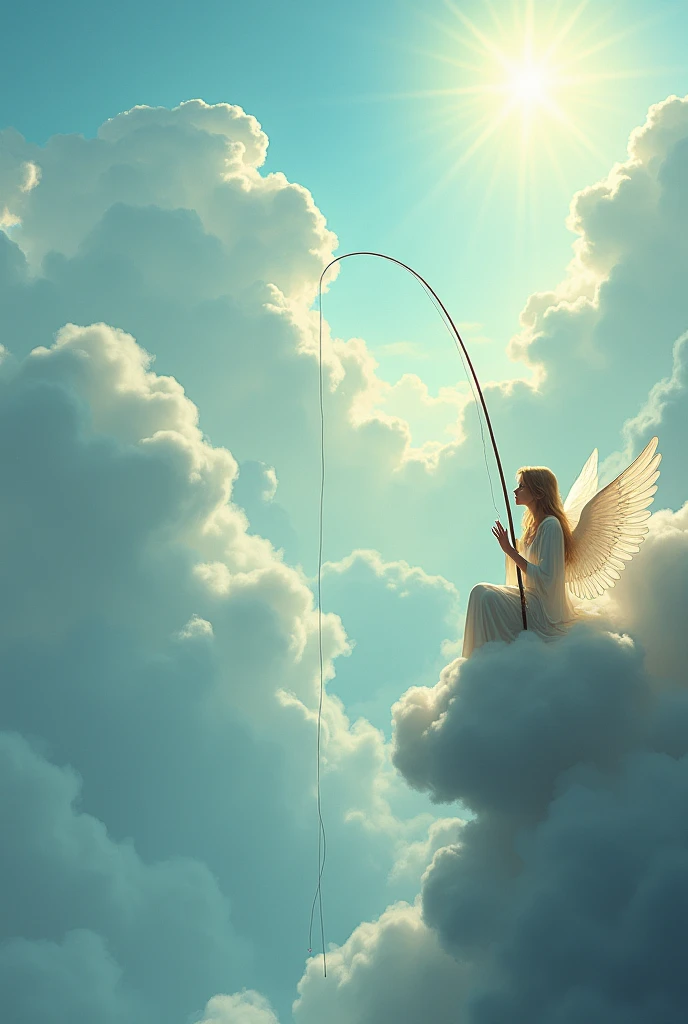 Fishing in heaven, Long fishing line that reaches deep into the earth, After sitting on the clouds in heaven、Hanging on a fishing line,