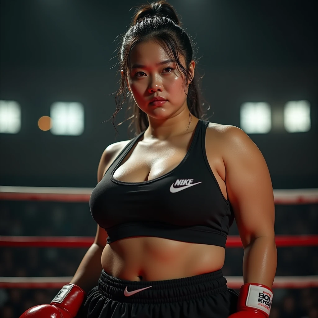 A beautiful korean woman, chubby and muscular body, wet tied hair , sweaty skit, wear nike sportwear and shorts, huge breasts, sensual expression, wear boxing gloves, hook and jab pose, in the boxing ring, look at the viewer, cinematic light, realistic photography, wide angle shot.