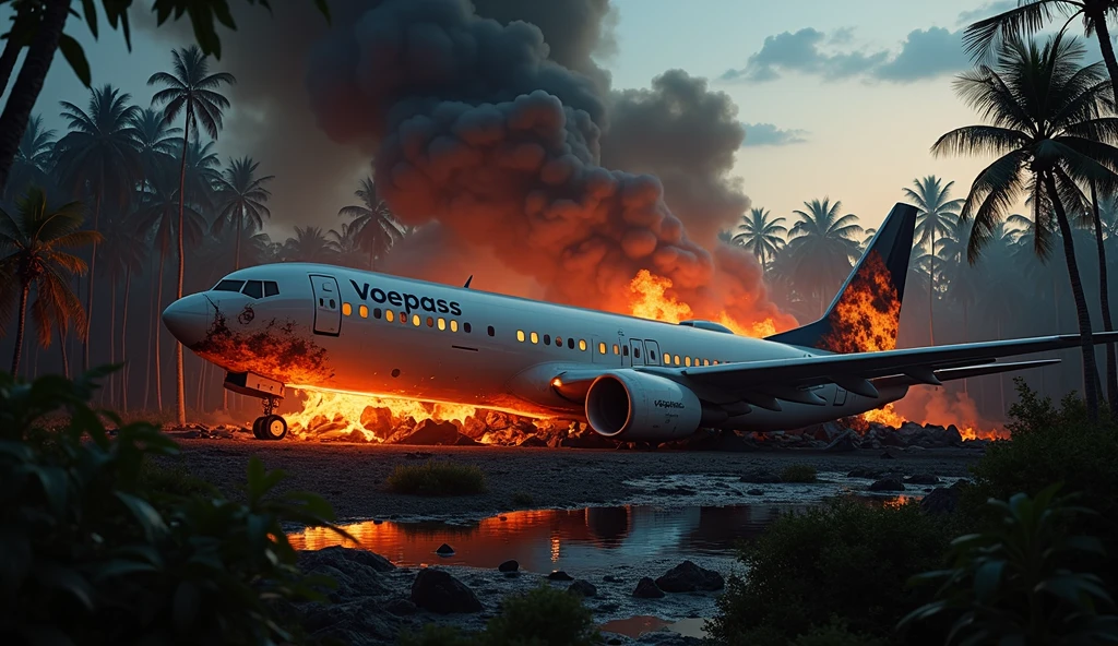 “A catastrophic jungle crash site at twilight, with flaming wreckage from the Voepass plane strewn across the ground. In the foreground, a wing fragment bearing the damaged Voepass logo is partially buried in the debris. Thick, black smoke rises from the burning fuselage, while flames cast an eerie orange glow across the shattered trees. The words ‘Voepass’ are prominently placed at the top of the image in bold, metallic letters, glowing faintly from the reflected firelight. Below, the title ‘Tragedy in the Sky’ appears in jagged, shattered text, with fiery embers and explosive effects surrounding it, amplifying the sense of disaster.”