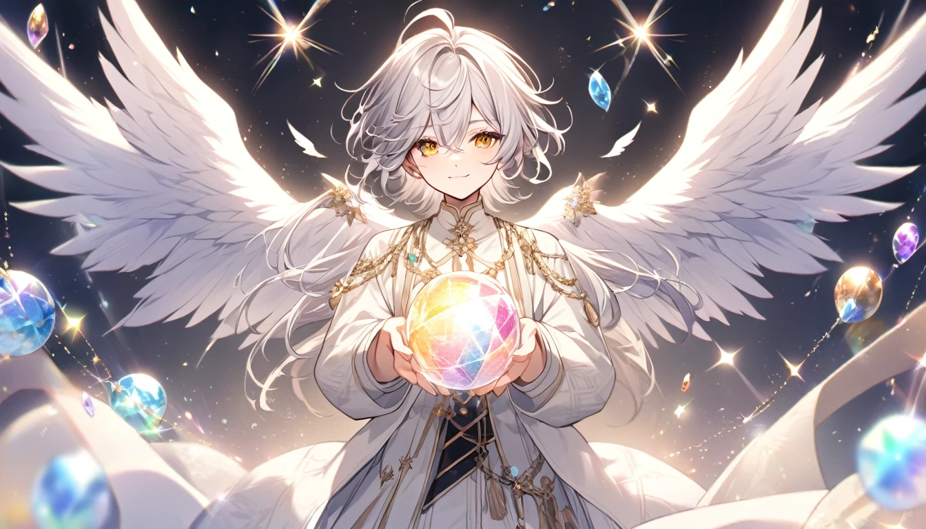 Silver-haired boy　neutral　A lot of gems　accessories　Light national costume　Spread your wings　pastel colour　Nostalgic　Fluttering　Ball of Light　Sparkling