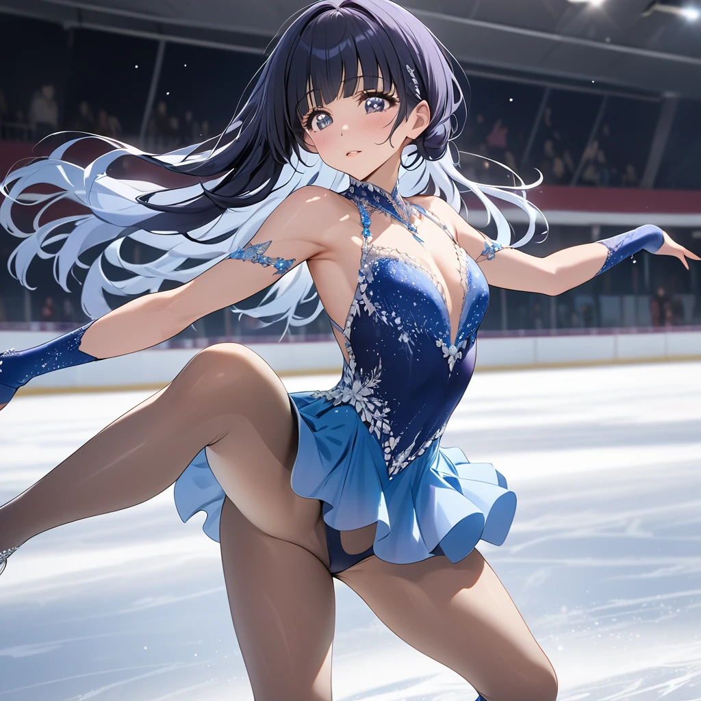 ((Highest quality)), ((masterpiece)), (detailed), (Perfect Face)、The woman is Reika Aoki with semi-long hair、A woman is figure skating on an ice rink in a gorgeous and glamorous figure skating costume.