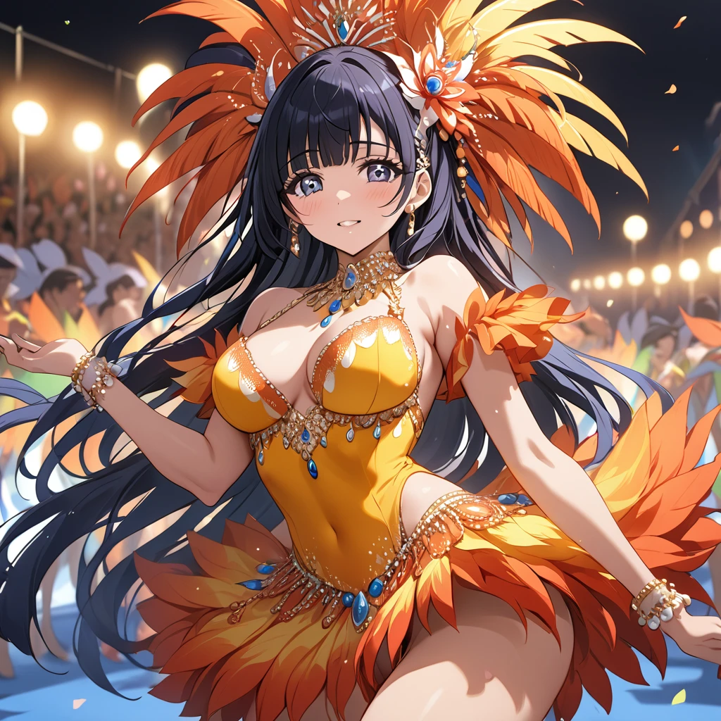 ((Highest quality)), ((masterpiece)), (detailed), （Perfect Face）、The woman is Reika Aoki with semi-long hair、A woman is dancing samba in a samba costume at the Rio Carnival