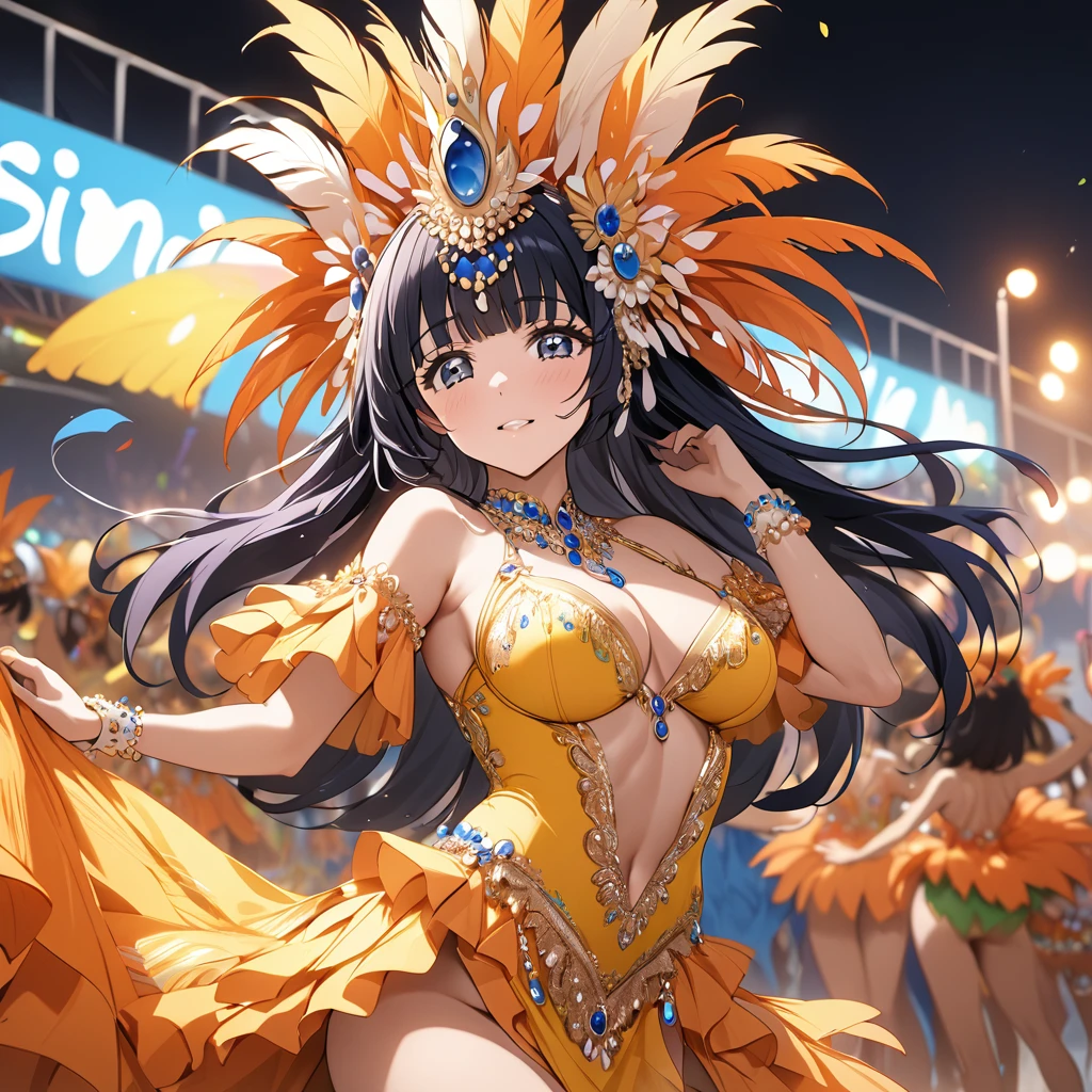 ((Highest quality)), ((masterpiece)), (detailed), (Perfect Face)、The woman is Reika Aoki with semi-long hair、A woman is dancing samba in a samba costume at the Rio Carnival