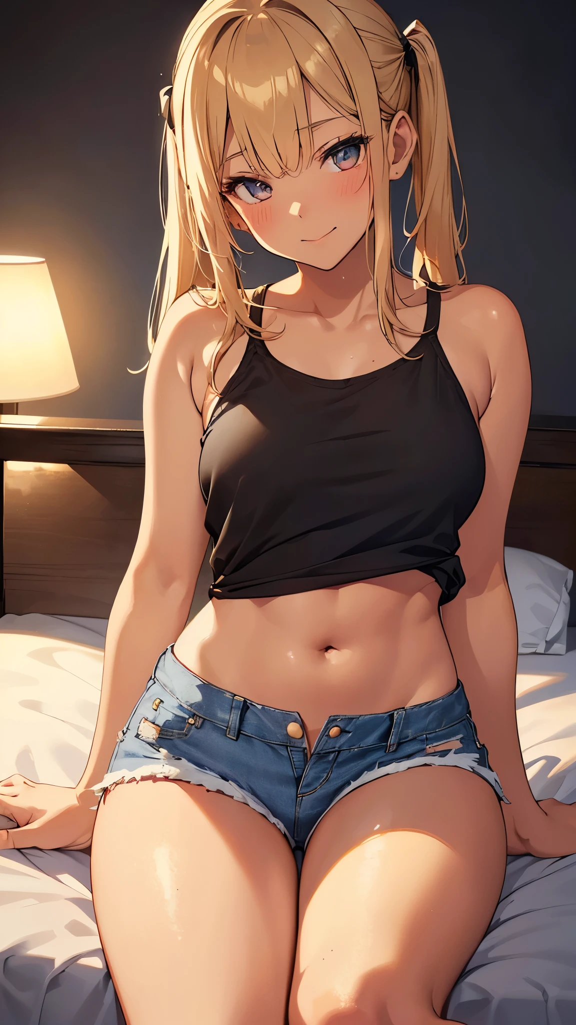 ((junior High school girl)), lewd smile, (((denim short pants))), ((belly-baring outfit)), ((black camisole)), (wheat-colored skin), (((tanned skin))), (((Suntanned skin))), (blonde hair), (pig tails hair), ((sitting bed)), ((bed room)), (((night))), (((darkened room))),(sweat), (wet skin), ((erotic)), ((sensual)), (simple background), (Close-up of a girl), warm color scheme, Extremely exquisite body, beautiful detailed glow, cinematic lighting, 4K illustration, masterpiece, best quality, by top artist, by famous artist, by plo artist, Authentic shiny skin texture, Soaked skin, radiant skin,