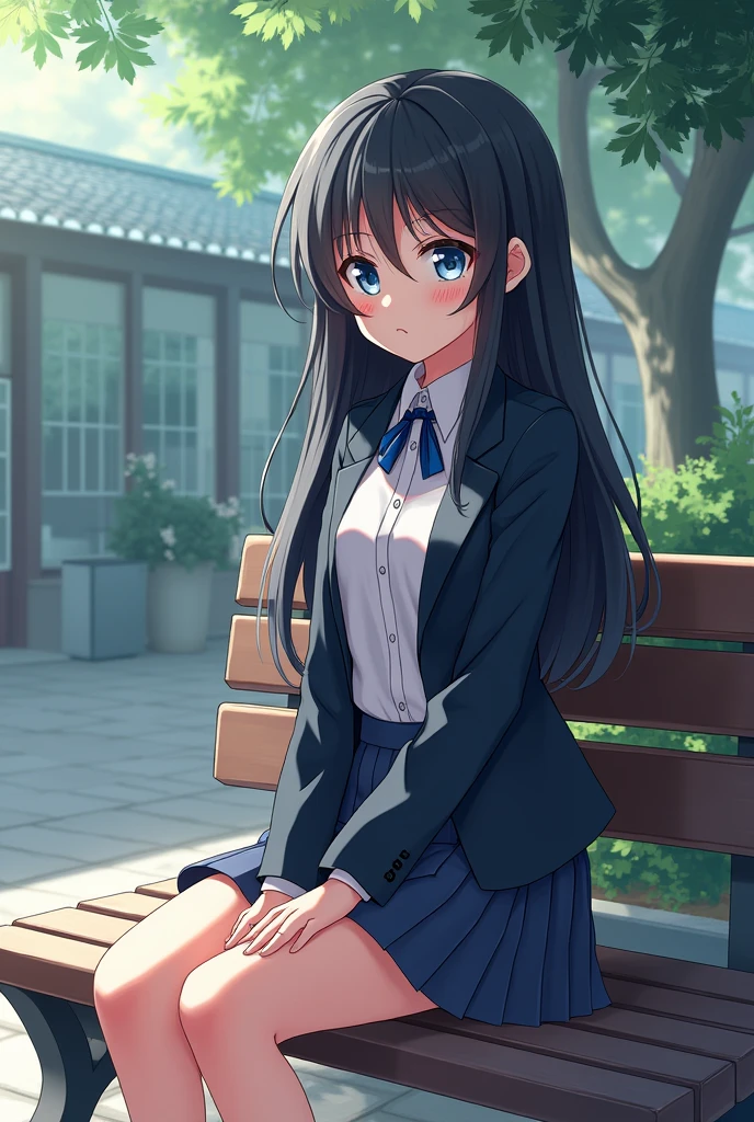 Elena whitehall a supportive friend with the quirk "lightweaver" creating light - based illusions. (Anime style), (sitting on bench position and very serious!). And in school uniform
