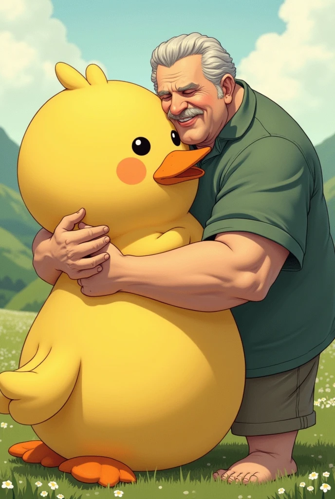 Ghibli style drawing of a large adult man, hugging a big yellow stuffed duck, calm and peaceful image 