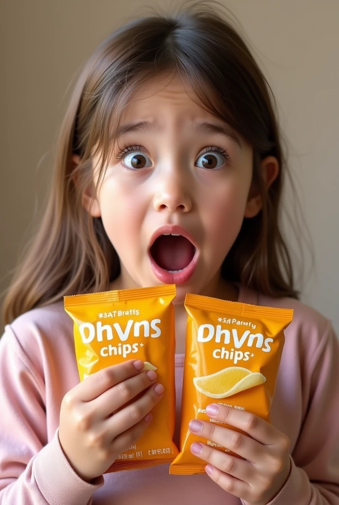 Create a realistic photograph of a girl with an open mouth and a shocked expression. She should be holding a packet of chips in each hand, clearly displaying the packaging. Her facial expression should convey genuine surprise, with wide eyes and raised eyebrows. The background must be neutral to keep the focus on her and the chips packets.
