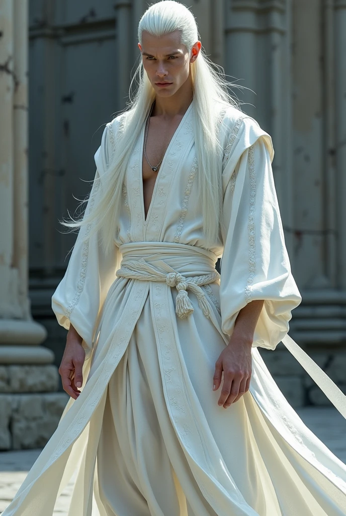 a male warrior, long haired albino, wearing a white ninja outfit, the image of a castle wall in the background