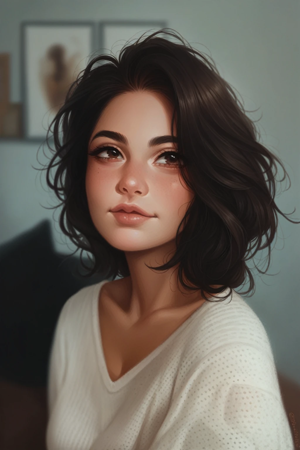 1 girl, Closeup, brunette, big wavy hair, cute face, beautiful, big boobs, big fat ass, red chicks, attractive face, brown eyes, perfect eye lashes 