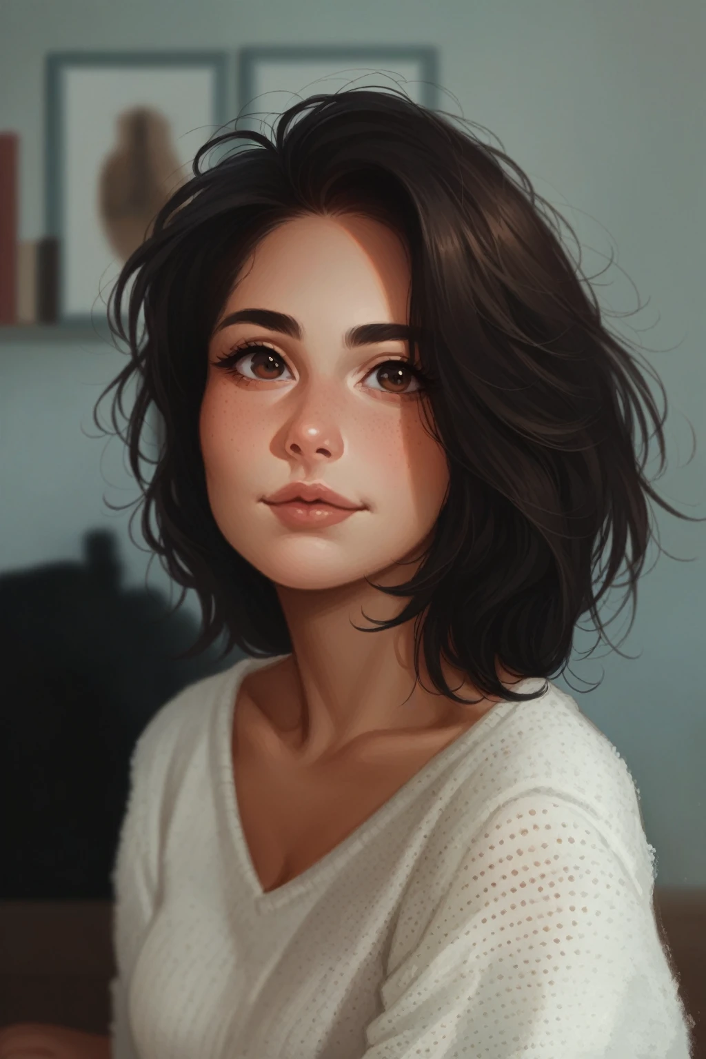 1 girl, Closeup, brunette, big wavy hair, cute face, beautiful, big boobs, big fat ass, red chicks, attractive face, brown eyes, perfect eye lashes