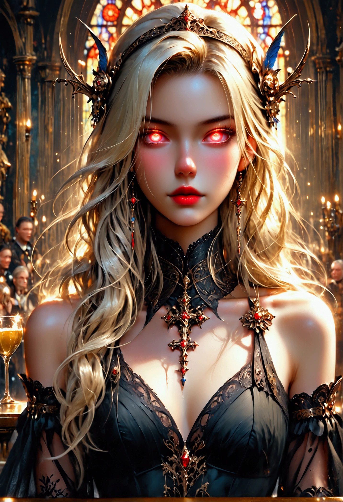 Arafed, dark fantasy art, glamour shot, award winning shot, photorealistic, a portrait of a female vampire drinking a ((glass of blood)), blond hair, dynamic hair style , long hair, red lips, (glowing eyes: 1.5), dynamic eye color, dynamic color, she wears, an elegant (black dress: 1.5), catholic church and altar background, bar background, 16k, ultra detailed, masterpiece, best quality, (extremely detailed), rpg portrait, art by mooncryptowow, photograph, FFROA