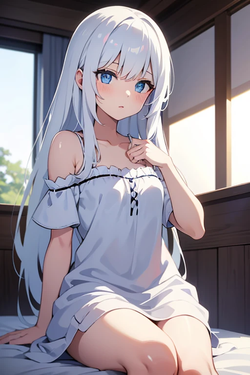 Anime girl in white hair and blue eyes sitting on the white bed in white nightgown 