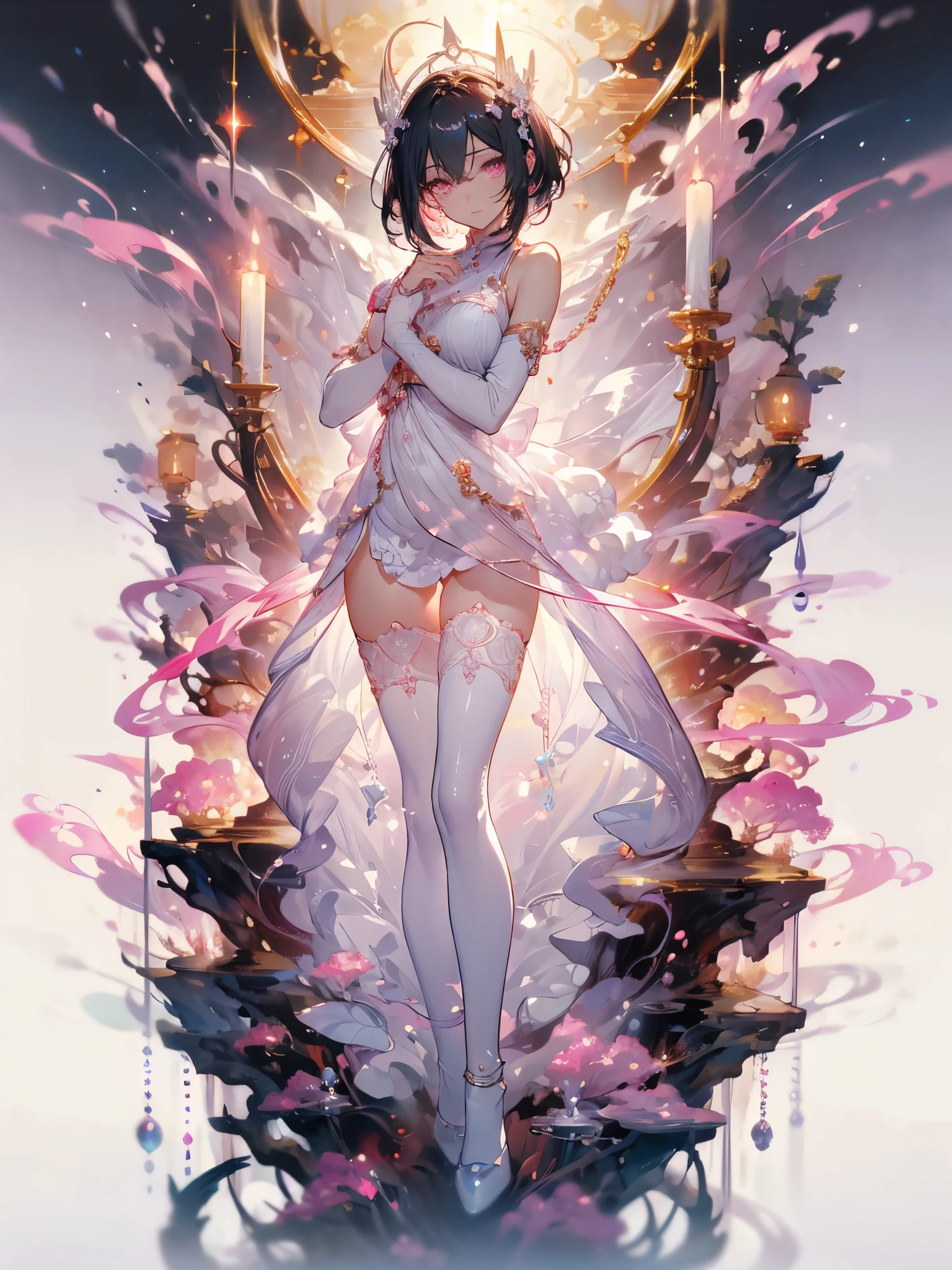 ((masterpiece, best quality)), Delicate face，goddess，cloud顶天宫，cloud，whole body，Long legs，dark skin，Perfect body proportions，Short hair handsome，Beautiful pink eyes，Fantasy style，Extremely beautiful，Pure white background，transparent，sexly，Fishnet stockings，chain