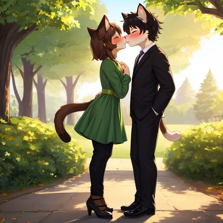 Masterpiece, best quality, high quality, 1Cat anthro boy, 1Cat anthro girl, has Brown stripes fur, (Cat anthro girl wears Green Long dress), (Cat anthro boy wears Black suit with Black jeans), closed eyes, blushed faces, passionate kiss, couple, romantic atmosphere, Love, standing in the park, sunny day