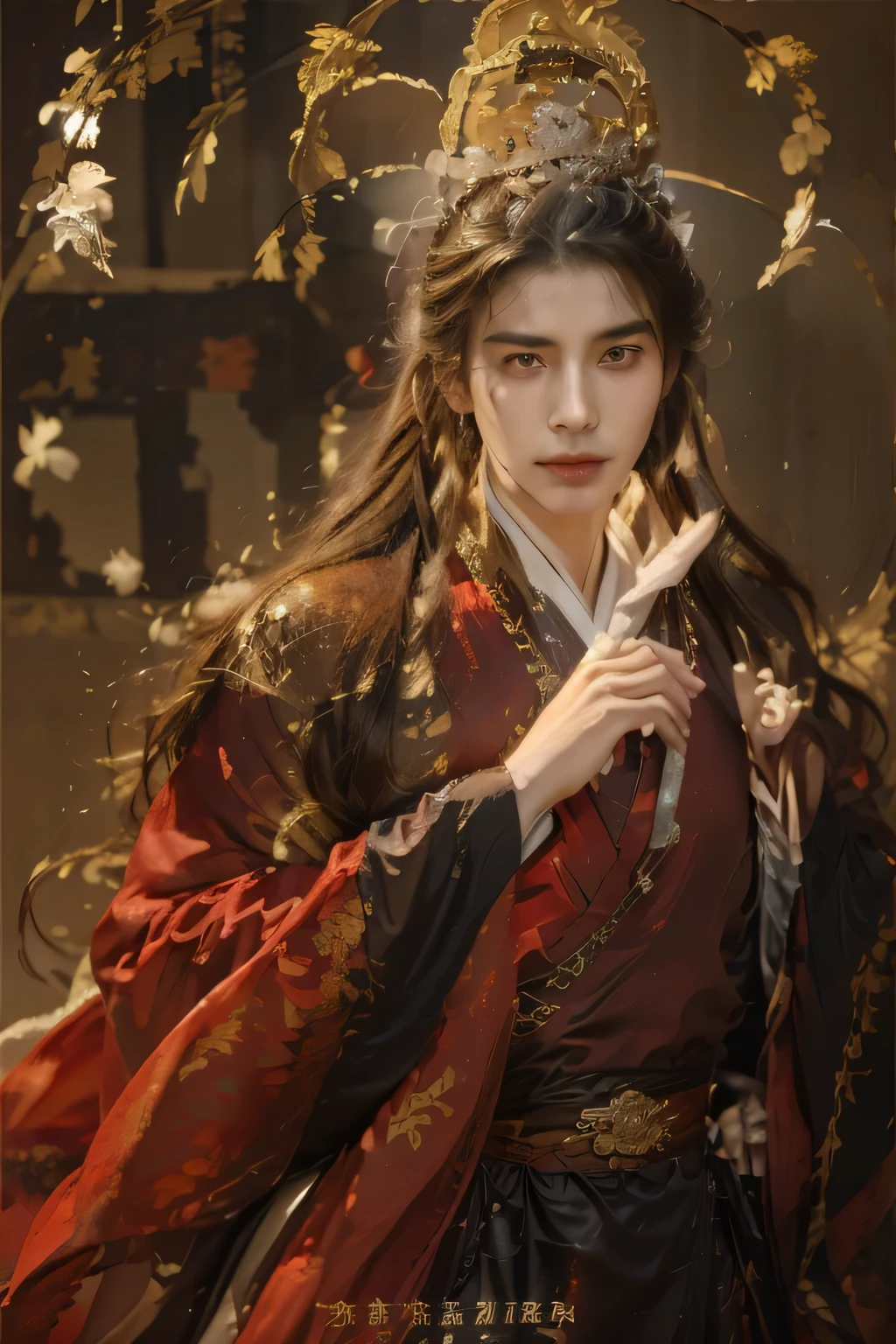 (Male character design),, Royal Highness the Crown Prince of Xianle - protagonist of Heaven Official's Blessing(Close-up front view of melancholic handsome Chinese man Xie Lian),(Xie Lian wearing a modern and fashionable men's suit: 1.3), Leather Xie Lian is bright and flawless,, the bridge of his nose is tall and straight, (long and messy shawl hair:1.1), double eyelids, bright eyes, big eyes clear and bright, sad prince, food with red lips and white teeth, gentle melancholy, Xie Lian is tall and tall., He has a strong physique, Firm muscles, Fresh and firm stomach, Exquisite facial features, King style, Noble temperament wearing a white robe with silver trim, messy black hair, Wind magic, background: modern urban with skyscrapers