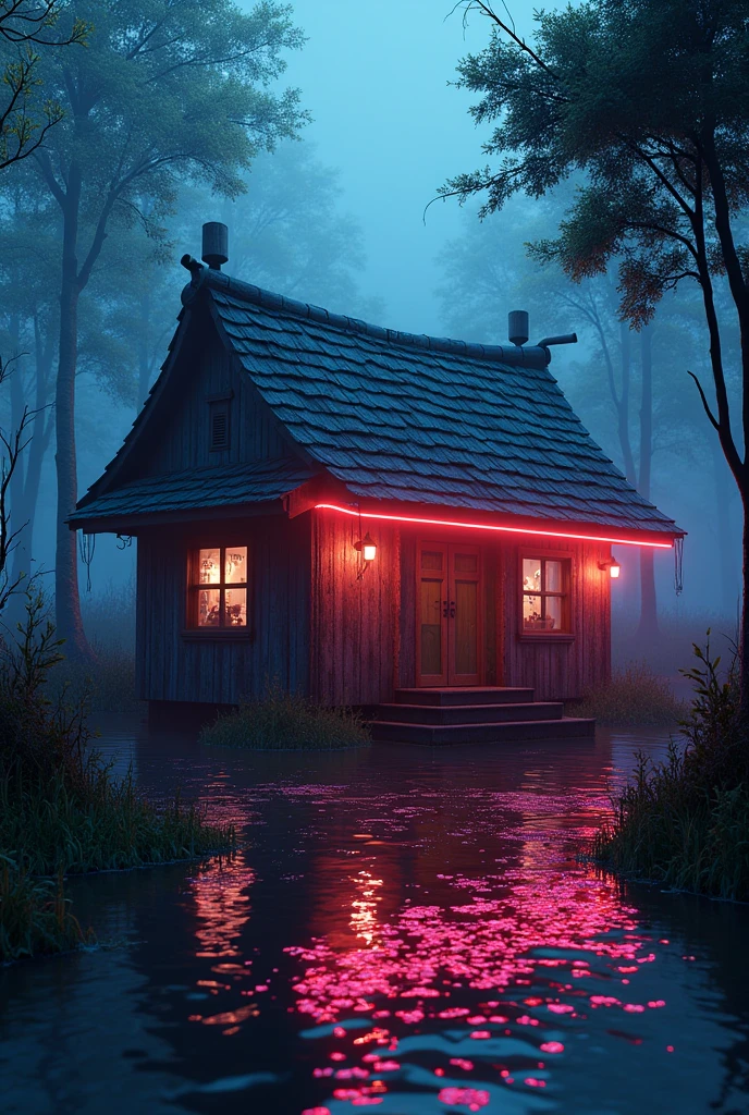 swamp hut, 3d, stylized, neon lights, near shore, night time
