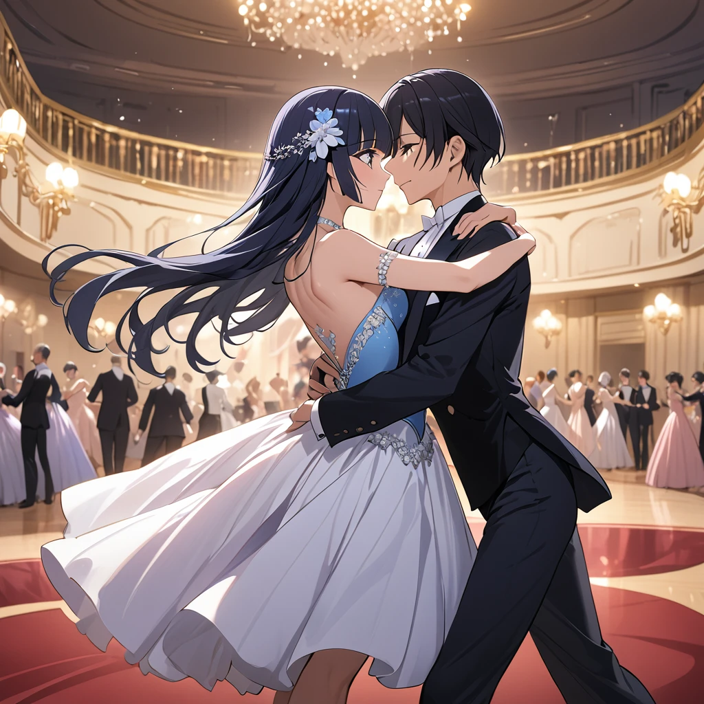 ((Highest quality)), ((masterpiece)), (detailed), (Perfect Face)、The woman is Reika Aoki with semi-long hair、A woman is dancing ballroom in a ballroom costume