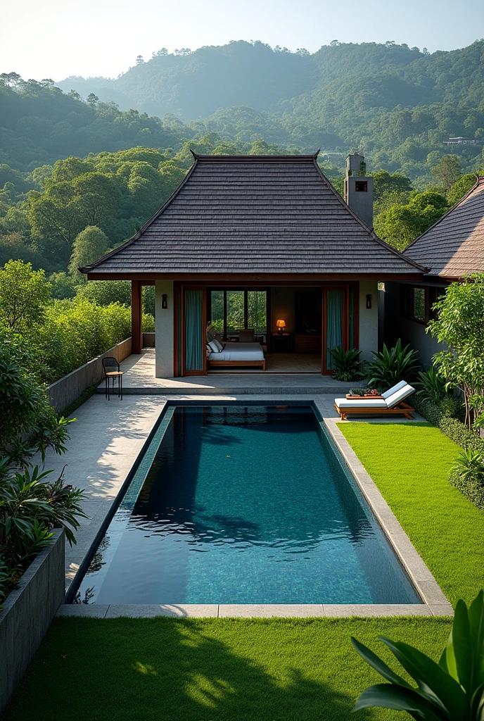 7 * 9 m Villa property in Thailand with blue dark blue pool a bedroom and the kitchen high ceiling, partly open into passion fruit farm