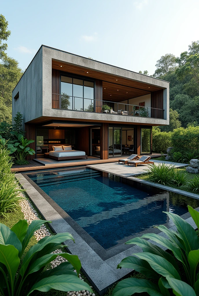 7 * 9 m Villa property in Thailand with blue dark blue pool a bedroom and the kitchen high ceiling, partly open into passion fruit farm
