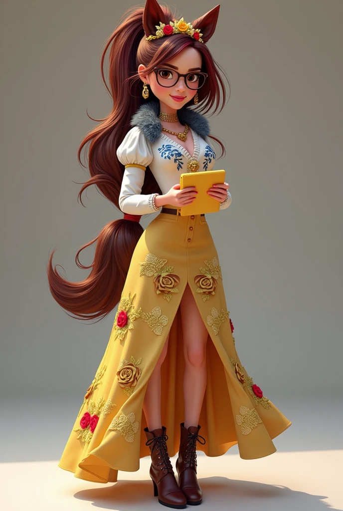 Imagem da filha da Ramona Badwof e da Rosabella Beauty de Ever After High: A long wavy brown ponytail with red streaked bangs, first of all, light brown eyes, brown glasses with a red rose, long white blouse with blue, with red roses on the blouse and sleeves, yellow skirt with golden roses, a faux fur collar around the neck of gray color, wolf earrings, wolf necklace,brown high heel boots with roses, golden flower tiara on head, You have to be holding a yellow tablet with red roses in your hands, You have to have red highlights in your hair and you can't have wolf ears on your head