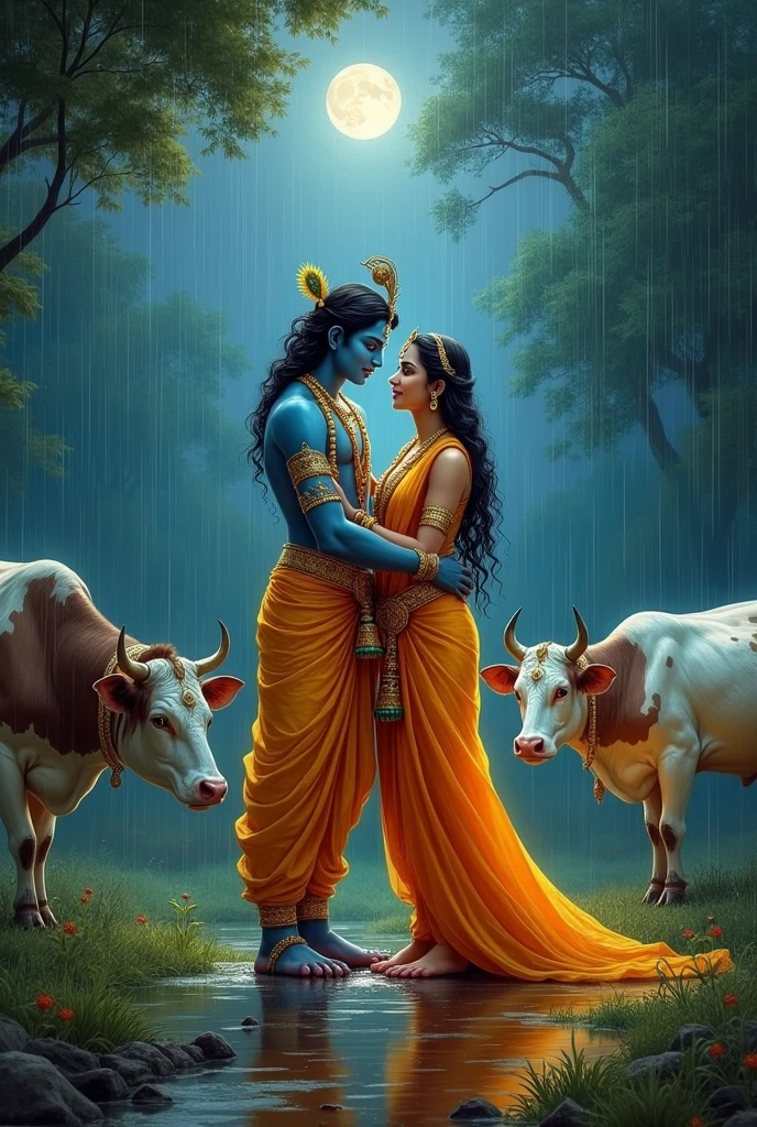 Lord krishna and radha with cows in the night of pouring rain of Janmasthami. Makkhan and flute