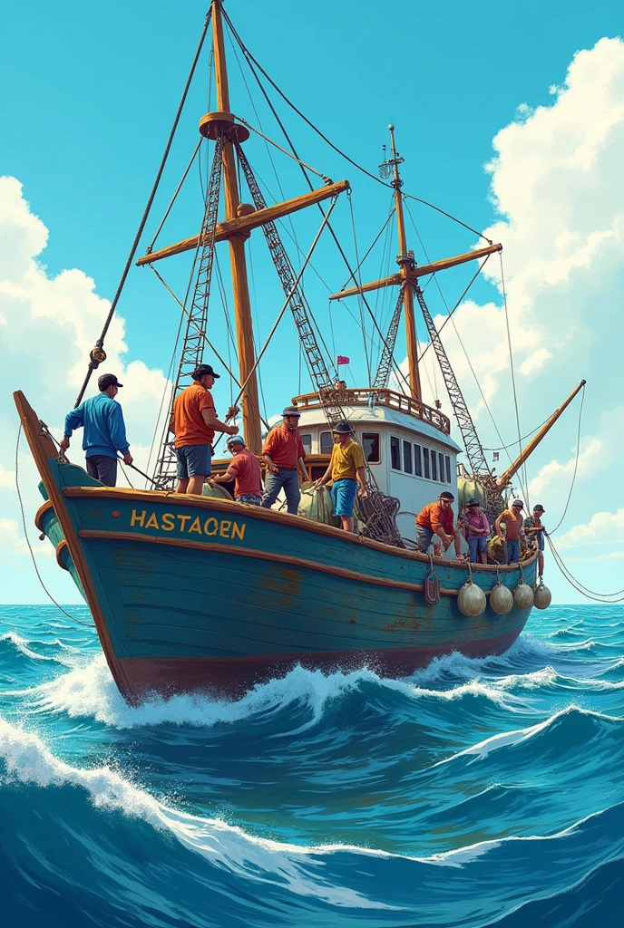 Tuna fishing boat 8 people horizontal illustration