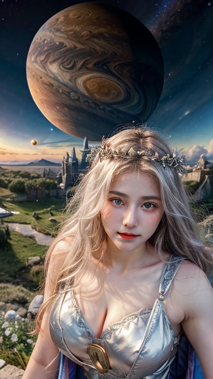 1 Girl, Beautiful, Baby Face, 20 Years Old, White Skin, Gigantic Colossal Chest, Sleeveless, Cleavage, She is Princess of Asgard Cosplay Costumes, Princess Cloak, View of Empty Land, Showing Armpits, The Huge Planet Jupiter Can Be Seen In The Sky, Silver Straight Hair, ((adorable:1.3)), ((masterpiece:1.1)), Highly Resolution